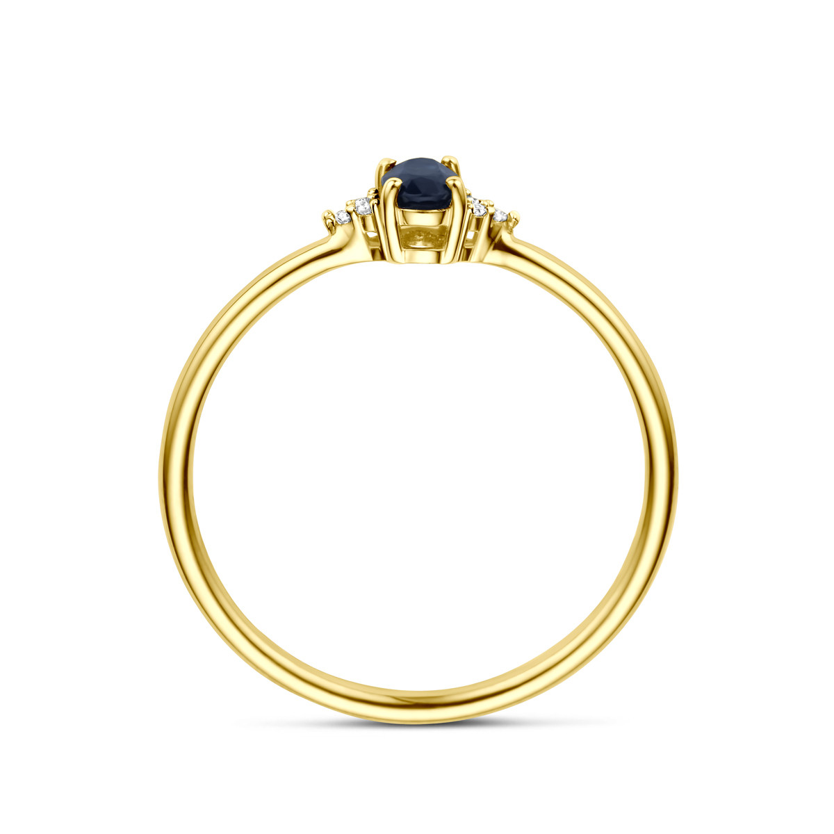 14-karaat gouden ring met blauwe saffier en transparante diamanten 0.02 crt 3 mm breed