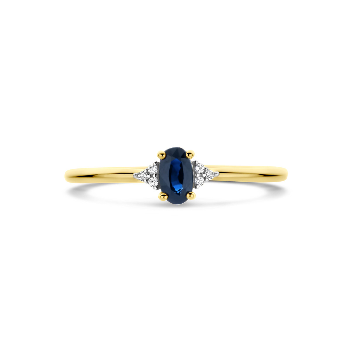 14-karaat gouden ring met blauwe saffier en transparante diamanten 0.02 crt 3 mm breed