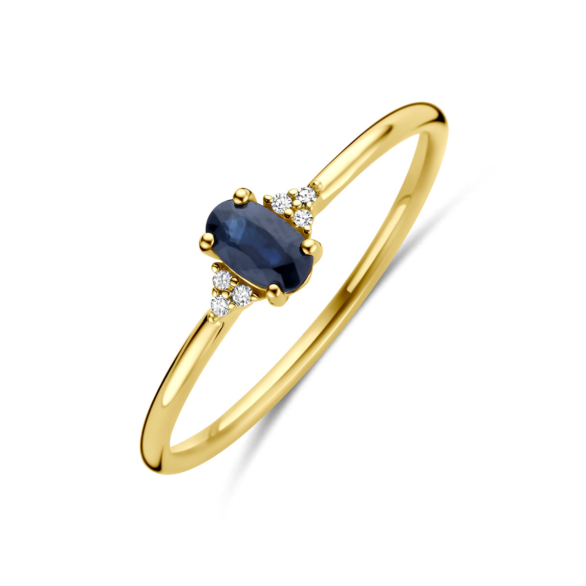 14-karaat gouden ring met blauwe saffier en transparante diamanten 0.02 crt 3 mm breed
