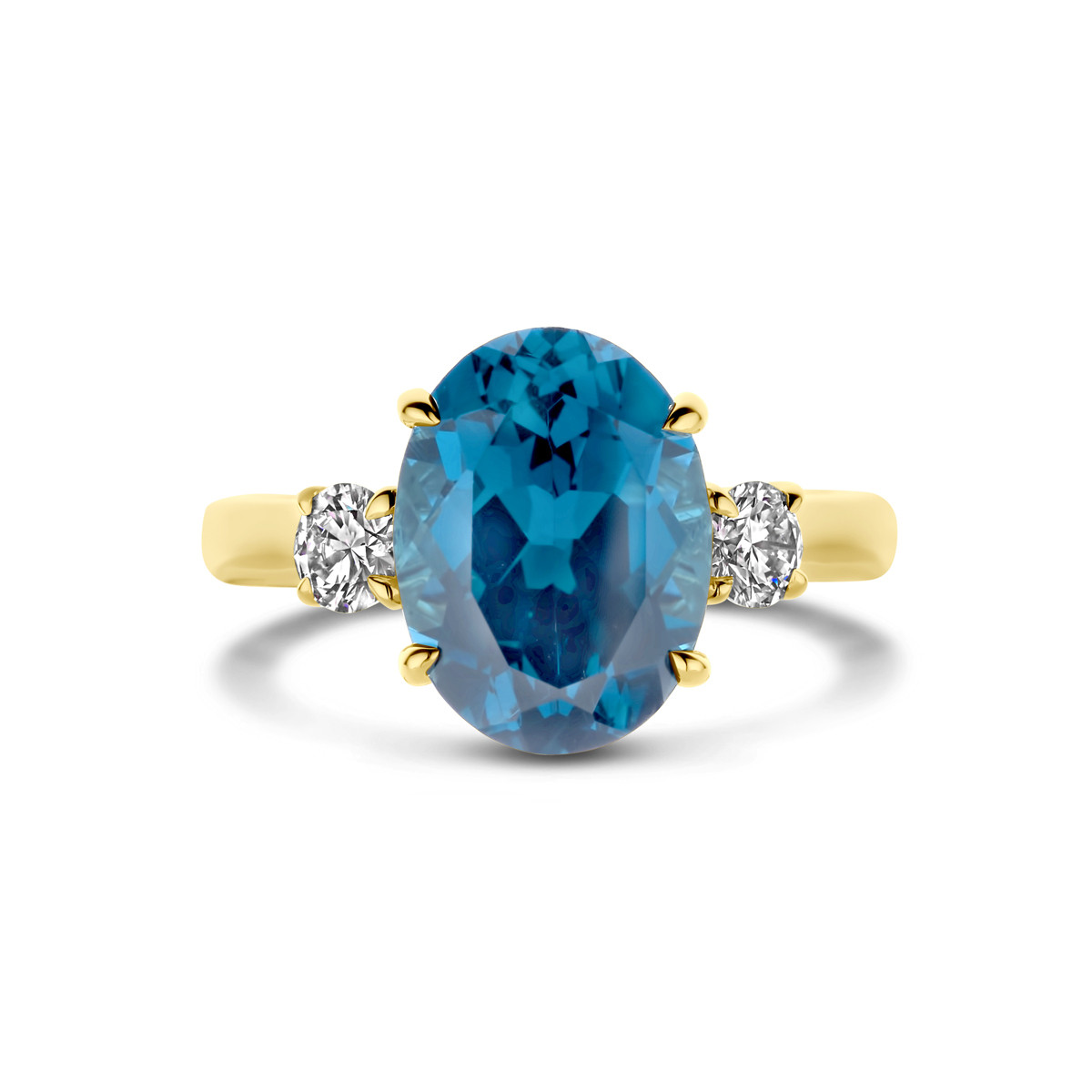 14-karaat gouden ring met blauwe topaas en 0.35 crt lab grown diamanten 9 mm breed