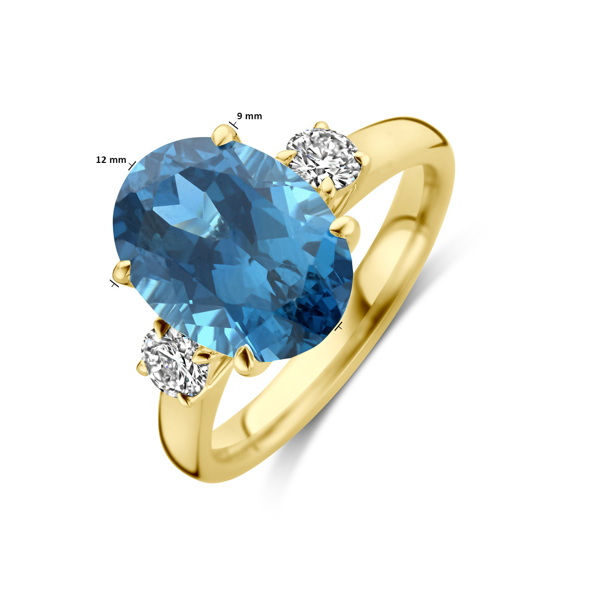 14-karaat gouden ring met blauwe topaas en 0.35 crt lab grown diamanten 9 mm breed