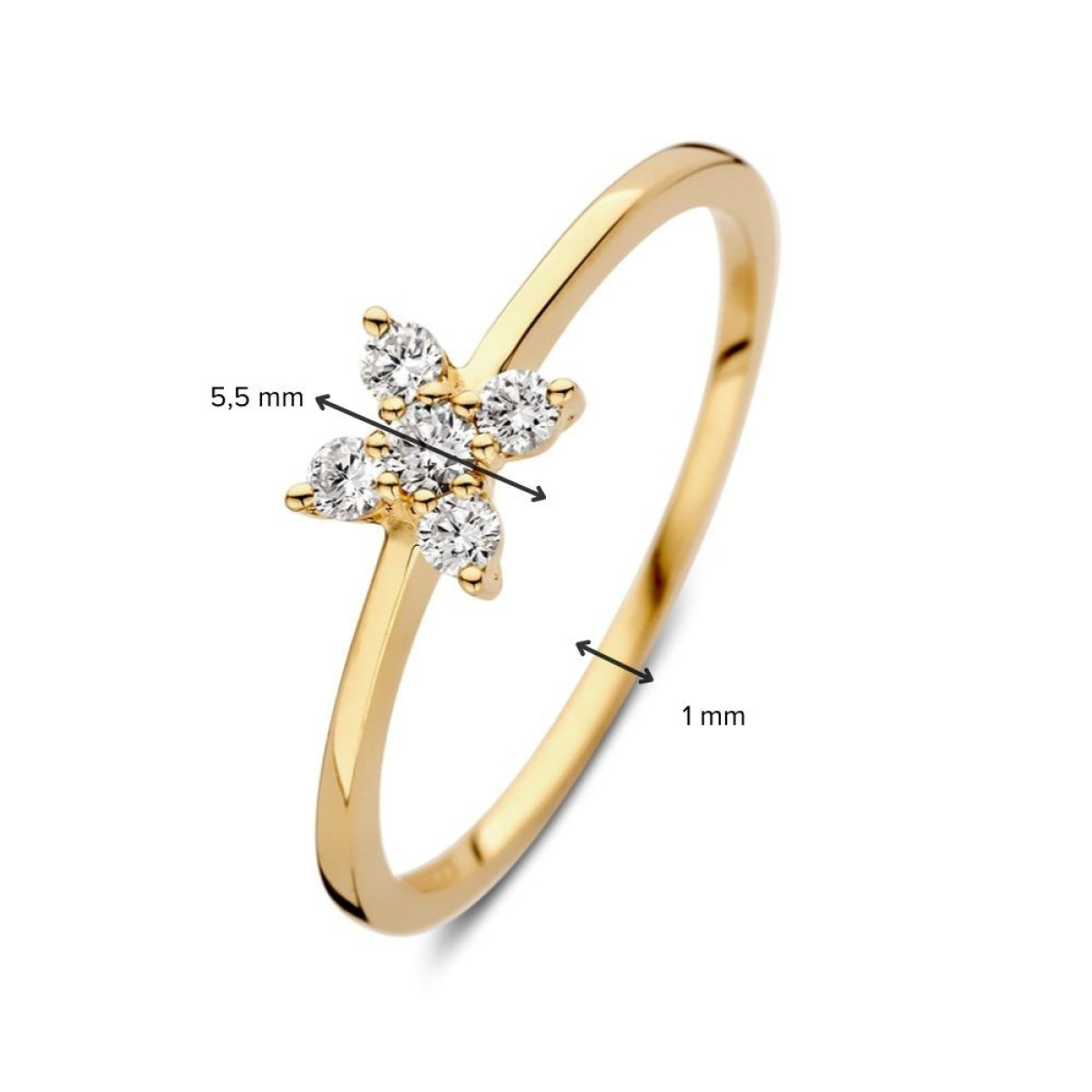 14-karaat gouden ring met bloem en 5 diamanten 0.17 crt