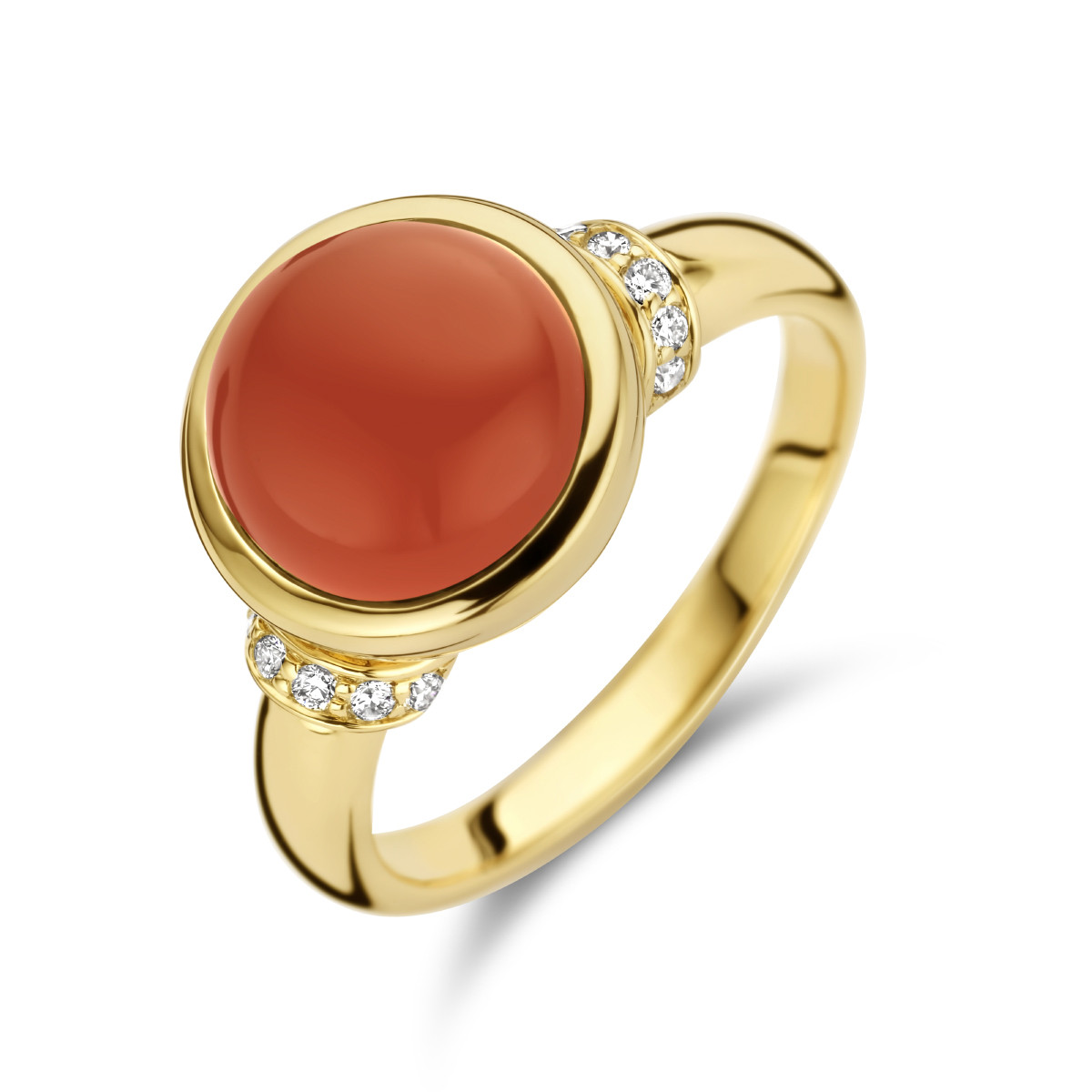 14-karaat gouden ring met carneool en diamanten 0.08 crt