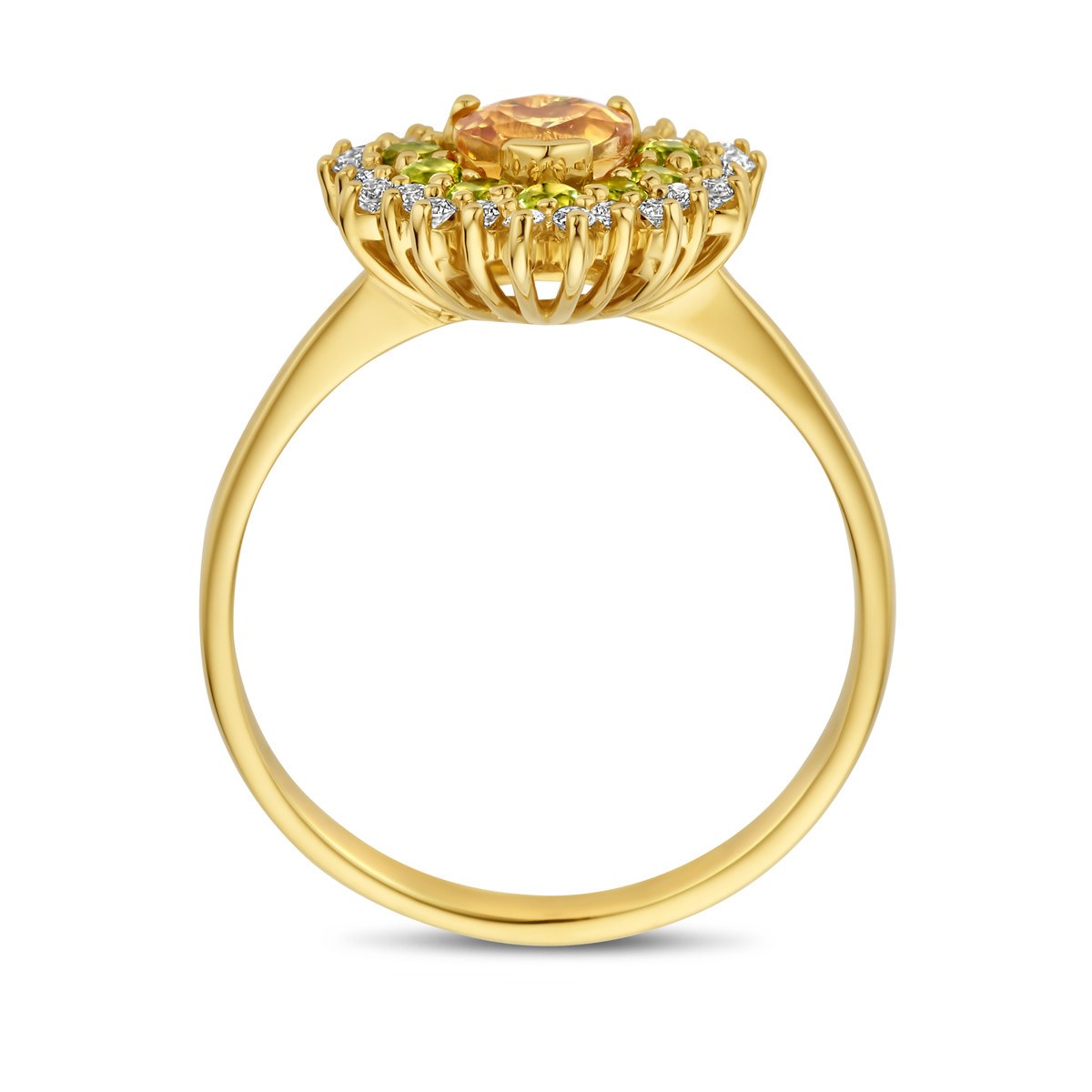 14-karaat gouden ring met citrien diamant 0.19 crt en peridoot 12.5 mm breed