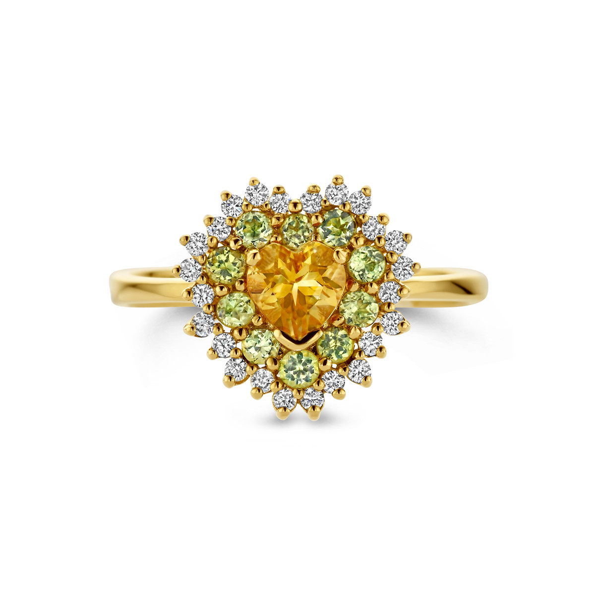 14-karaat gouden ring met citrien diamant 0.19 crt en peridoot 12.5 mm breed