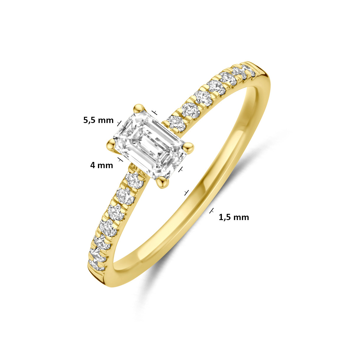 14-karaat gouden ring met emerald cut lab grown diamant 0.58 crt 4 mm breed