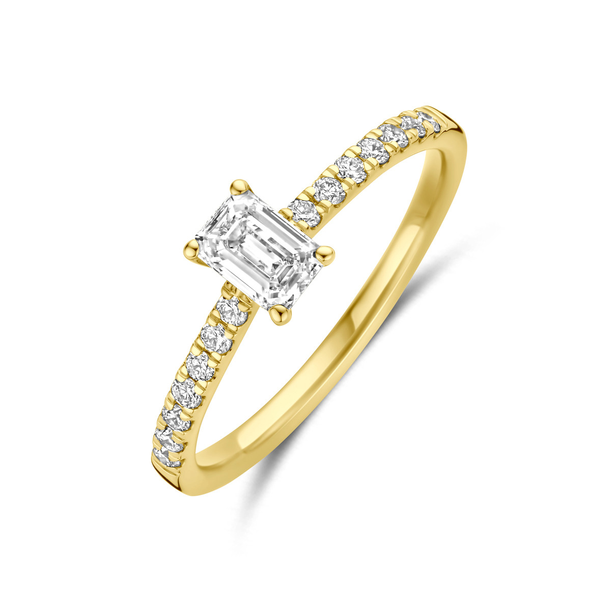 14-karaat gouden ring met emerald cut lab grown diamant 0.58 crt 4 mm breed
