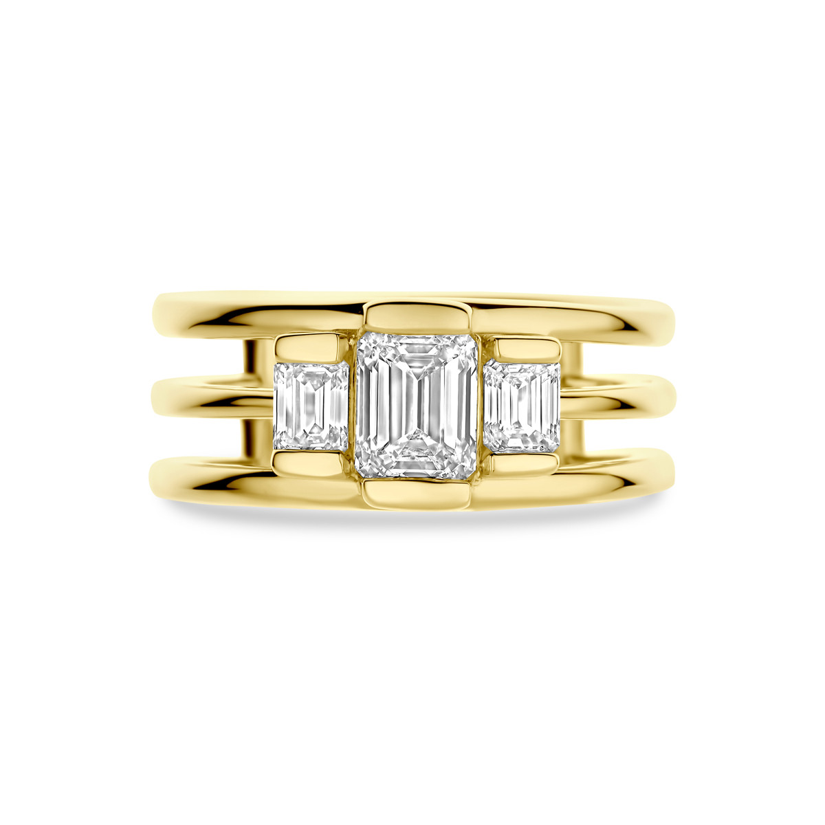 14-karaat gouden ring met emerald cut lab grown diamanten 1.50 crt 8.5 mm breed