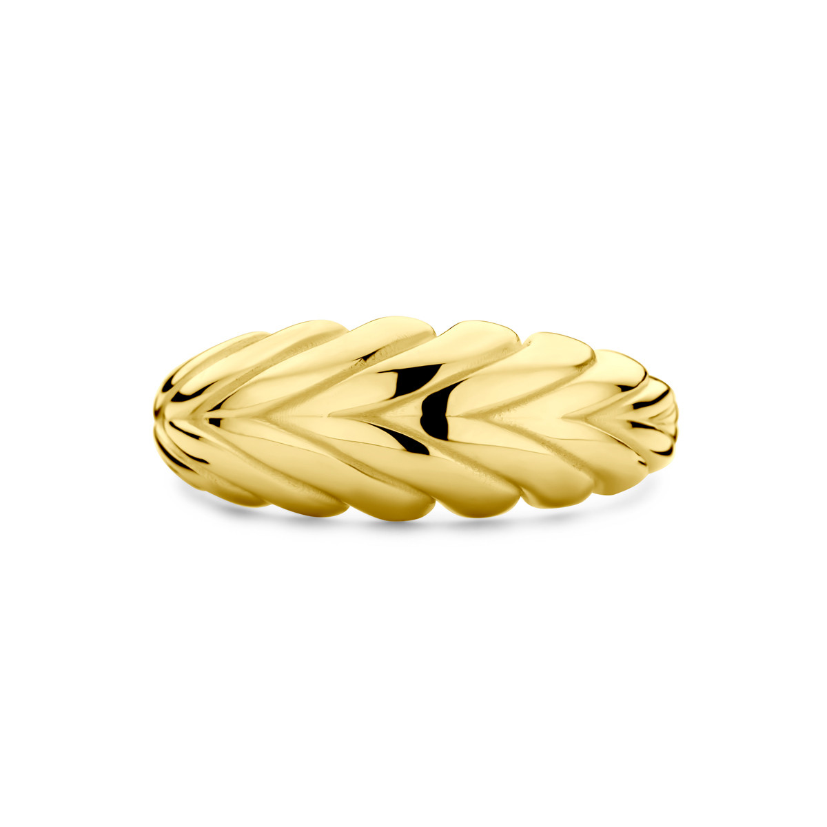 14-karaat gouden ring met gevlochten bladpatroon 8 mm breed