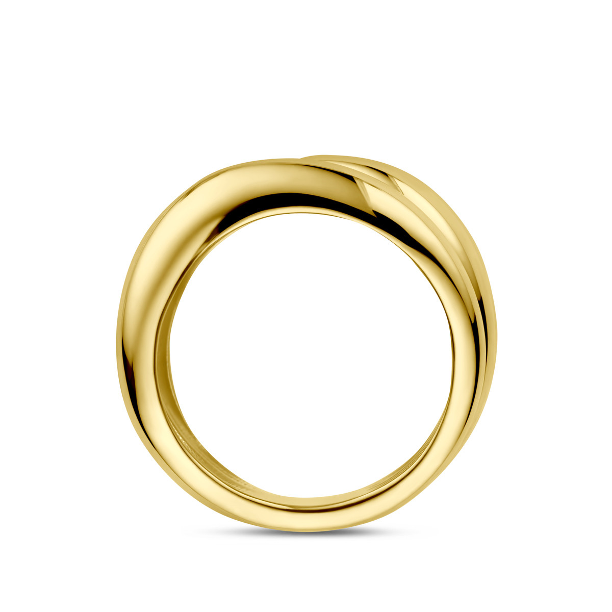 14-karaat gouden ring met golvende structuur en glanzende afwerking 13 mm breed