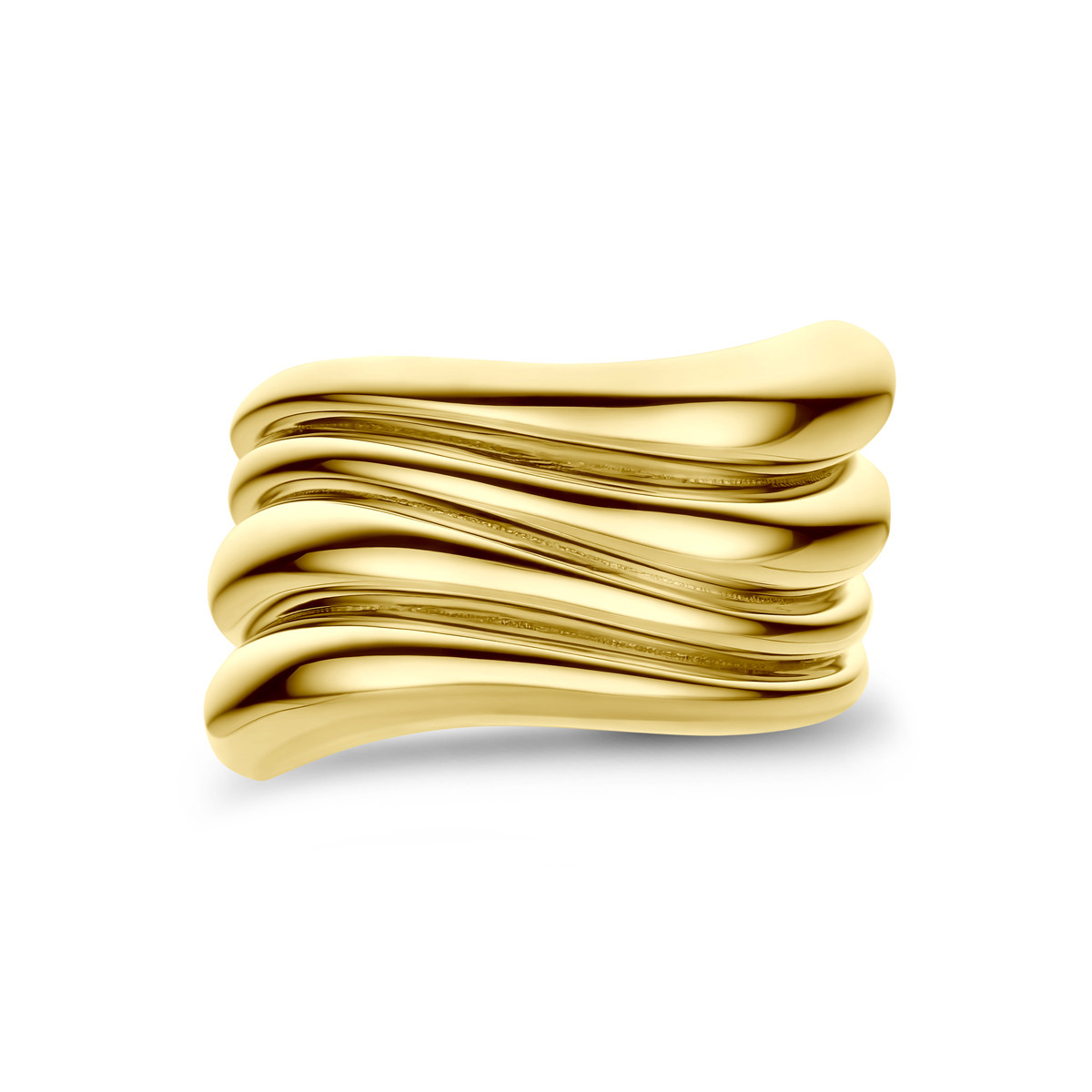 14-karaat gouden ring met golvende structuur en glanzende afwerking 13 mm breed