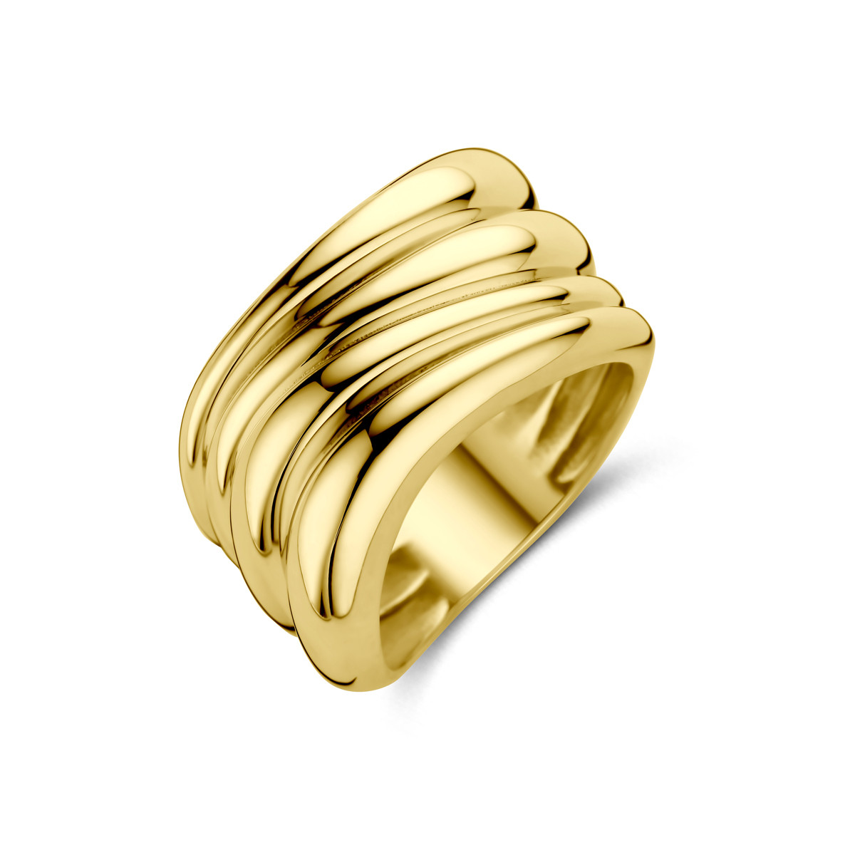 14-karaat gouden ring met golvende structuur en glanzende afwerking 13 mm breed