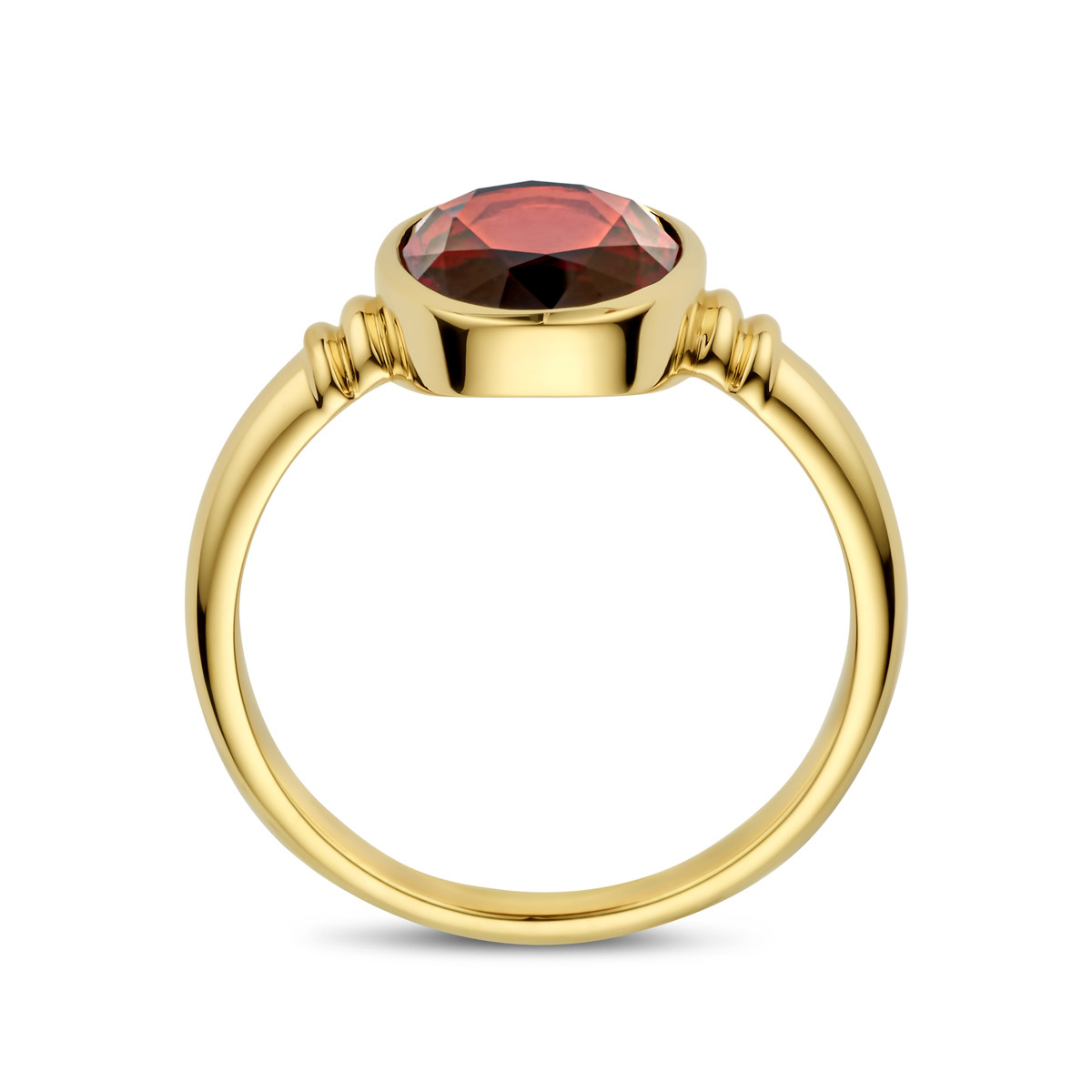 14-karaat gouden ring met granaat in ovale zetting glanzend 12 mm breed