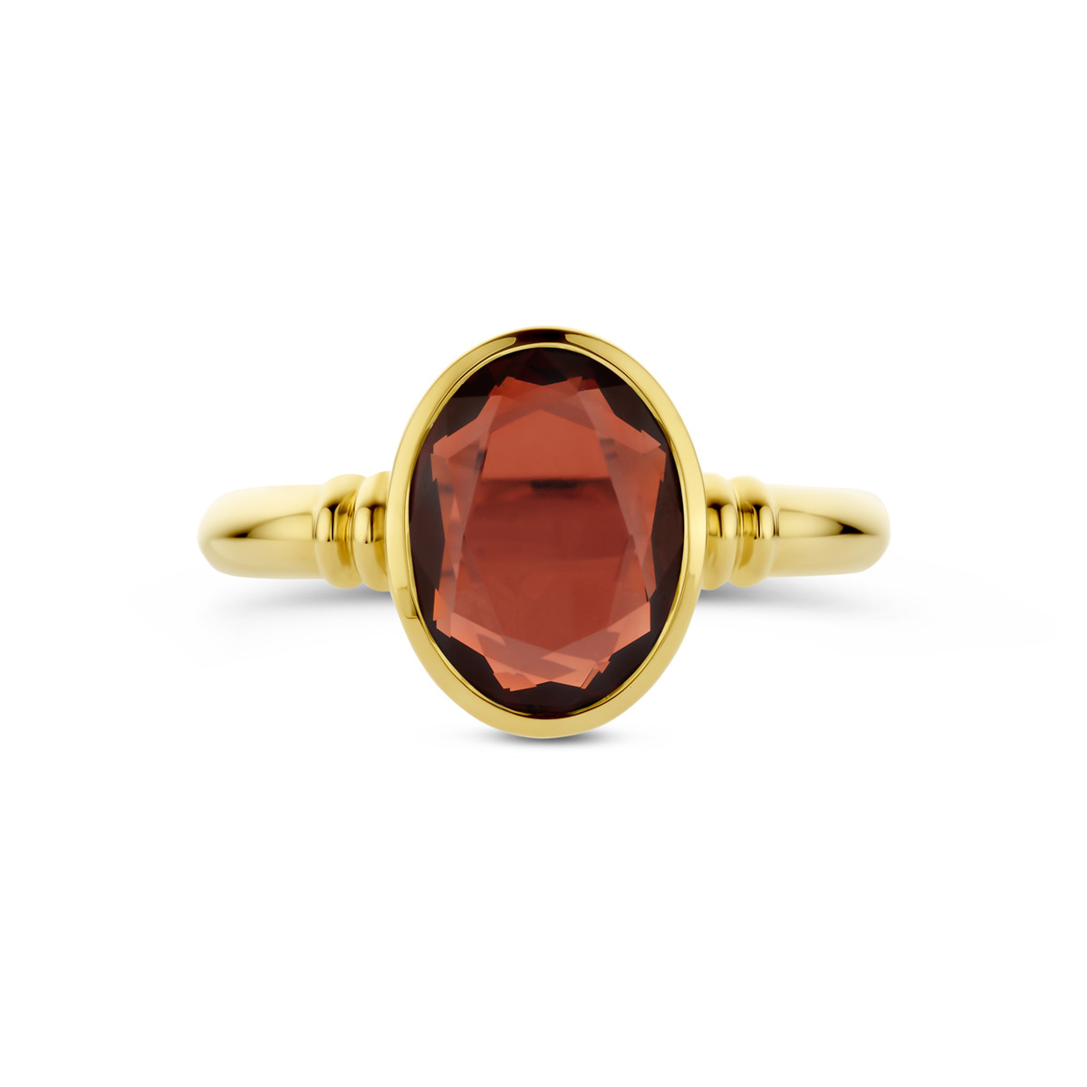 14-karaat gouden ring met granaat in ovale zetting glanzend 12 mm breed