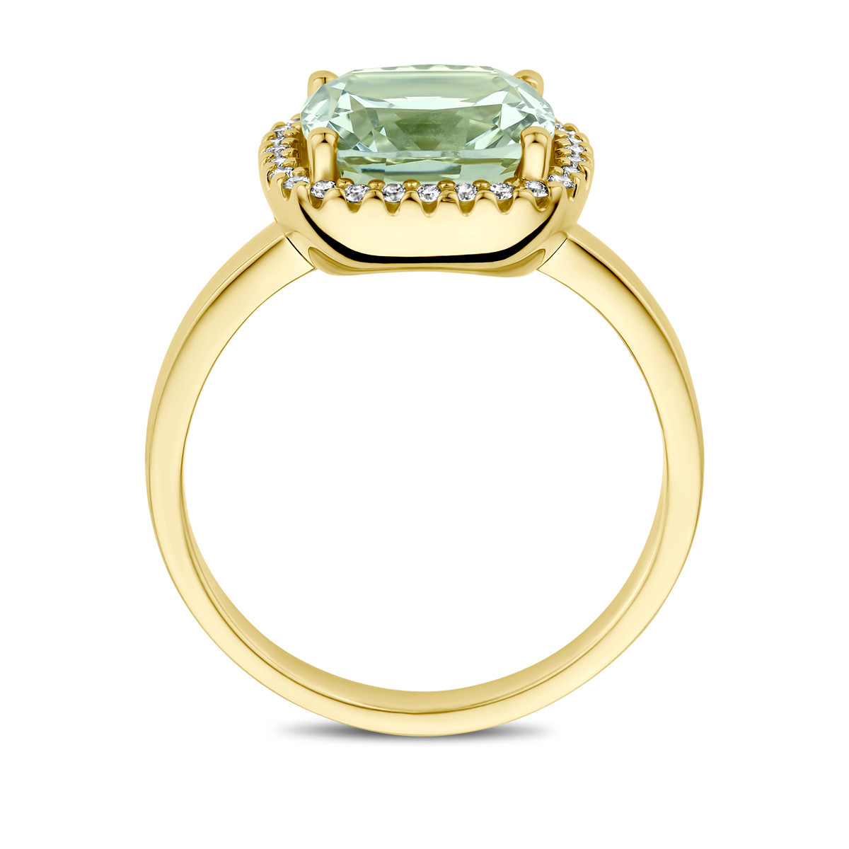 14-karaat gouden ring met groene amethist en 0.14 crt diamanten 12 mm breed