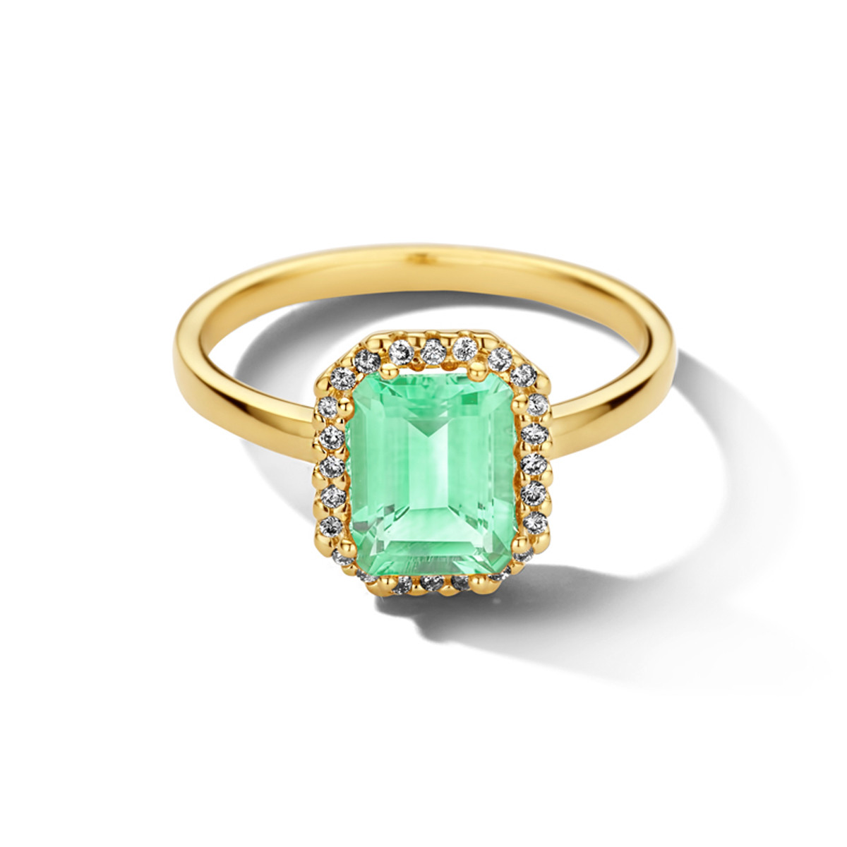 14-karaat gouden ring met groene amethist en diamanten