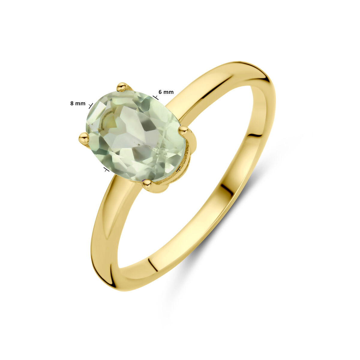 14-karaat gouden ring met groene amethist in ovale vorm 6 mm x 8 mm