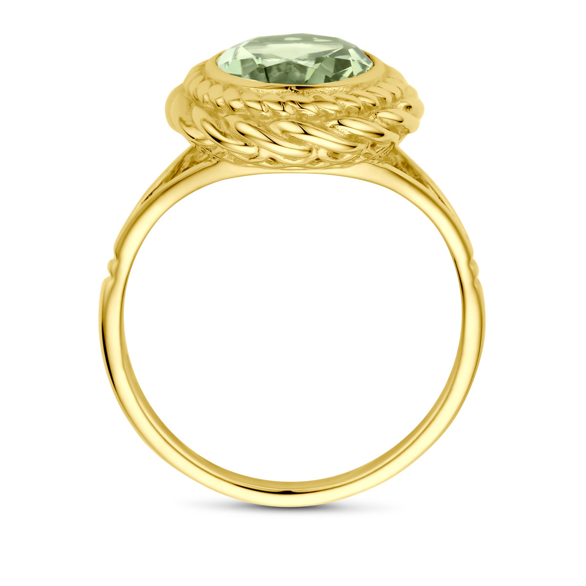 14-karaat gouden ring met groene amethist ovaal en bewerkte rand 15 mm breed
