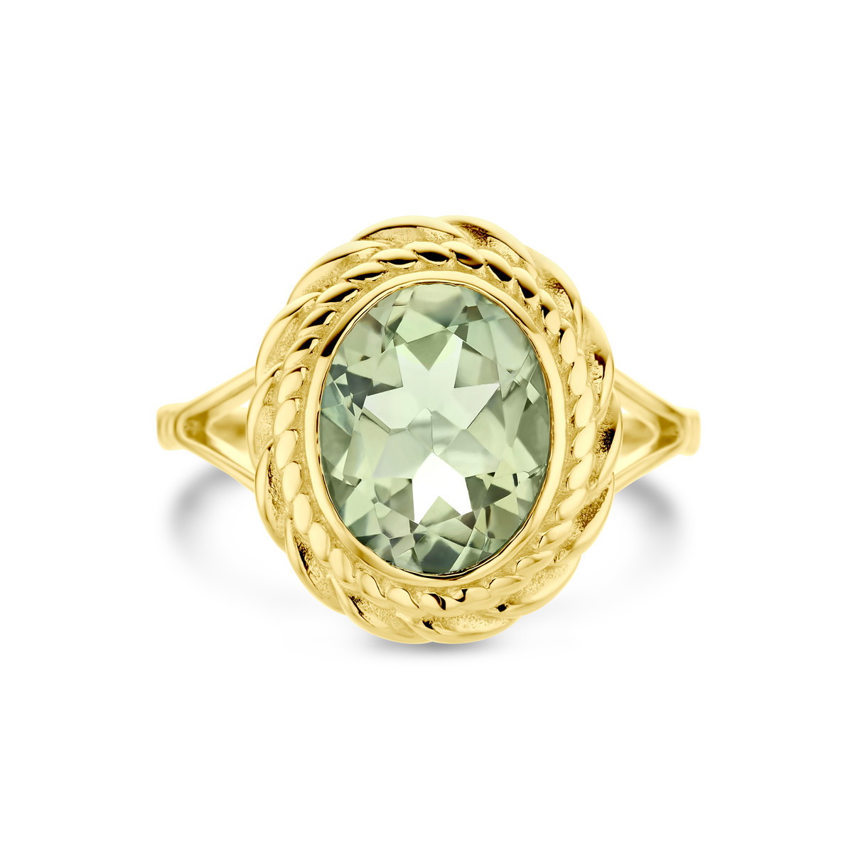 14-karaat gouden ring met groene amethist ovaal en bewerkte rand 15 mm breed