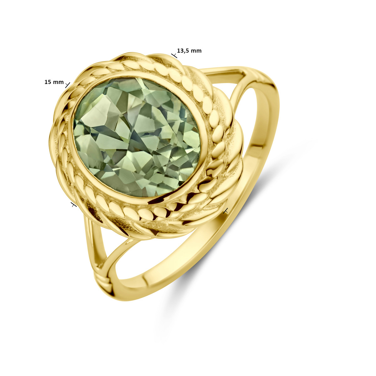 14-karaat gouden ring met groene amethist ovaal en bewerkte rand 15 mm breed