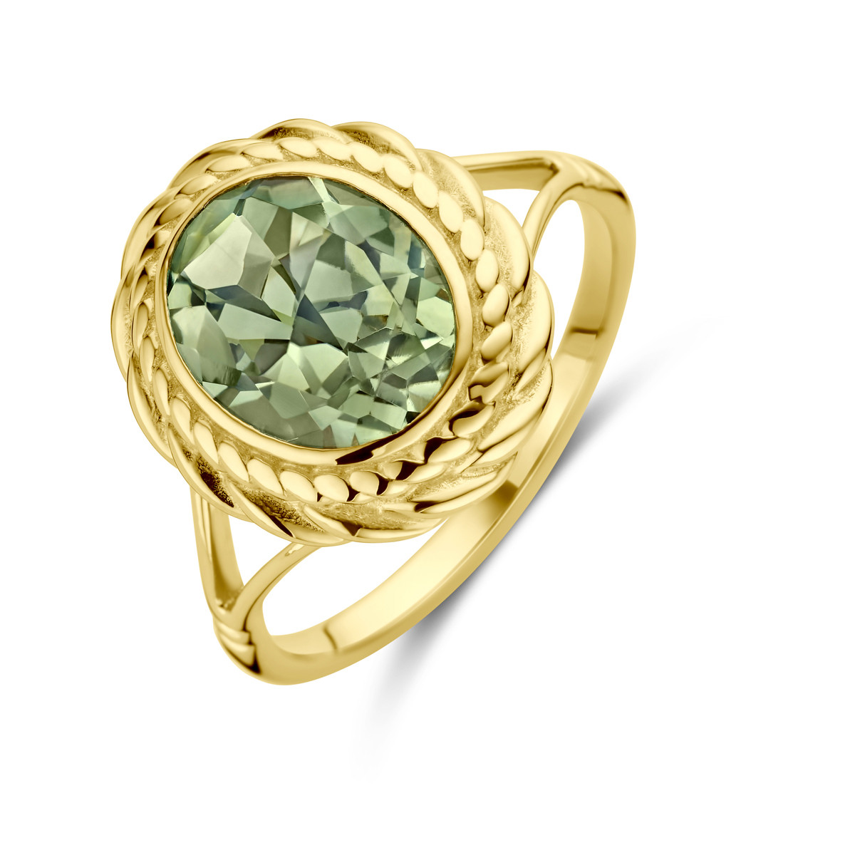 14-karaat gouden ring met groene amethist ovaal en bewerkte rand 15 mm breed