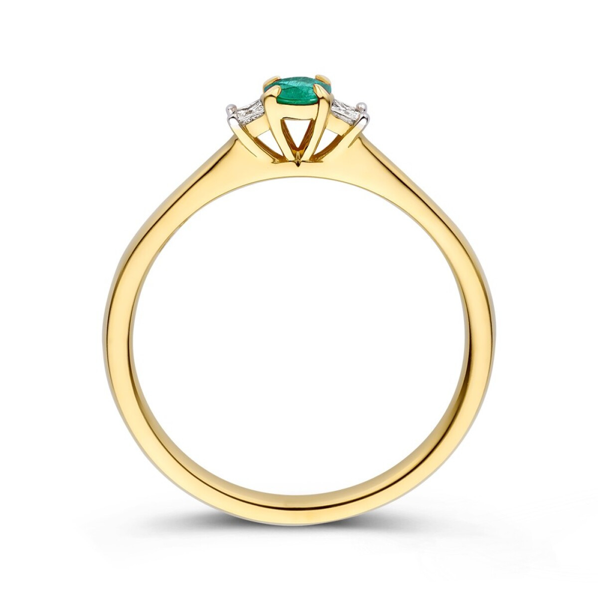 14-karaat gouden ring met groene smaragd 0.18 crt en transparante diamant 0.07 crt 3.2 mm breed