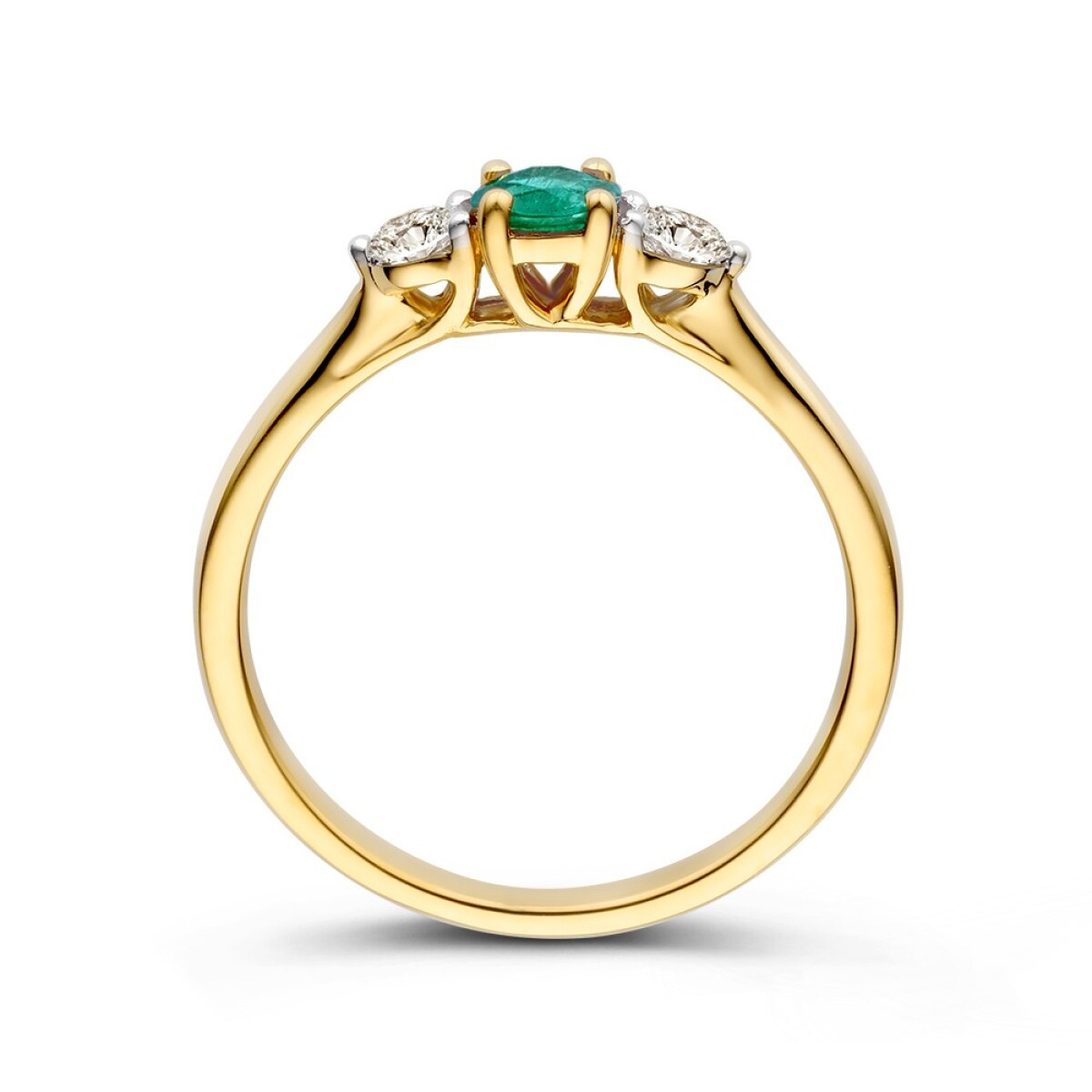 14-karaat gouden ring met groene smaragd 0.32 crt en diamant 0.20 crt 4.3 mm breed