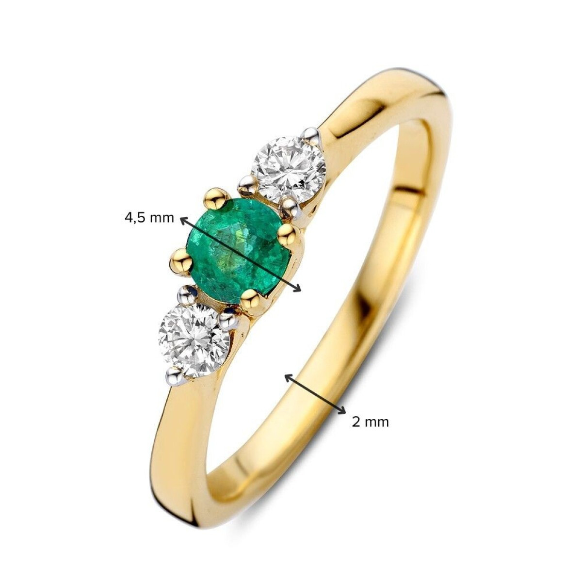 14-karaat gouden ring met groene smaragd 0.32 crt en diamant 0.20 crt 4.3 mm breed