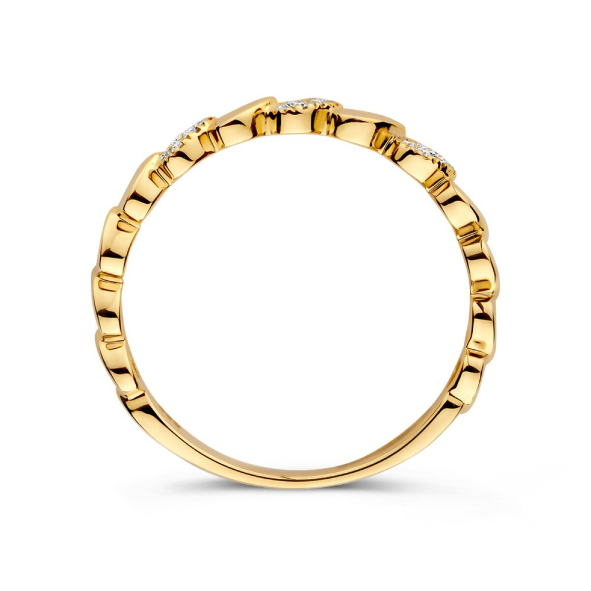 14-karaat gouden ring met hartjes rondom en diamant 0.09 crt 3.8 mm breed