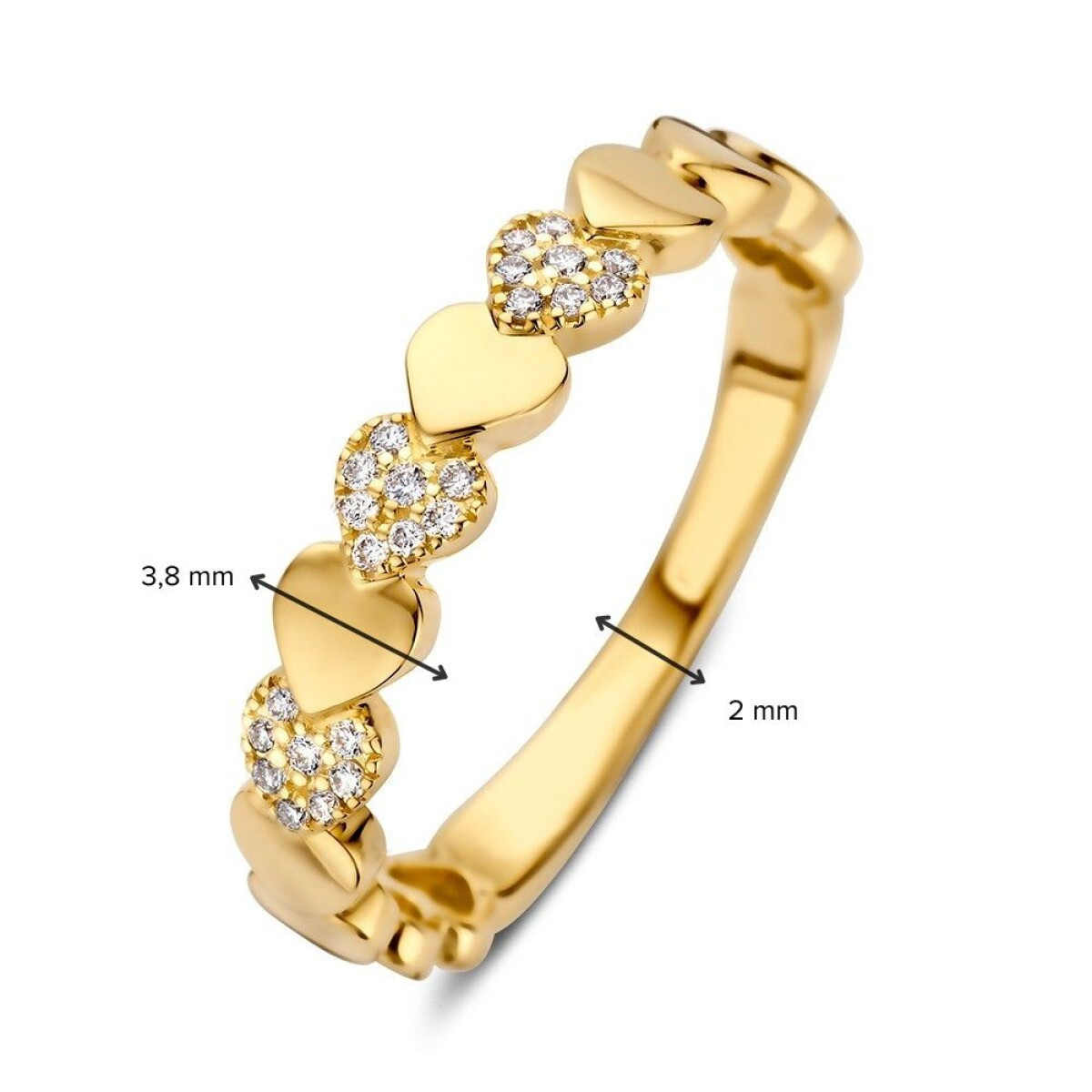 14-karaat gouden ring met hartjes rondom en diamant 0.09 crt 3.8 mm breed