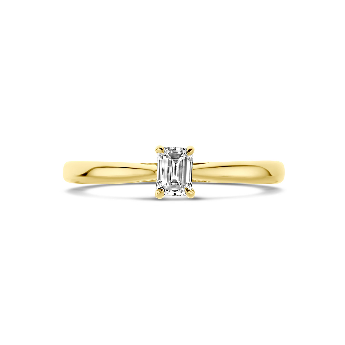 14-karaat gouden ring met lab grown diamant 0.25 crt emerald cut 3.5 mm breed