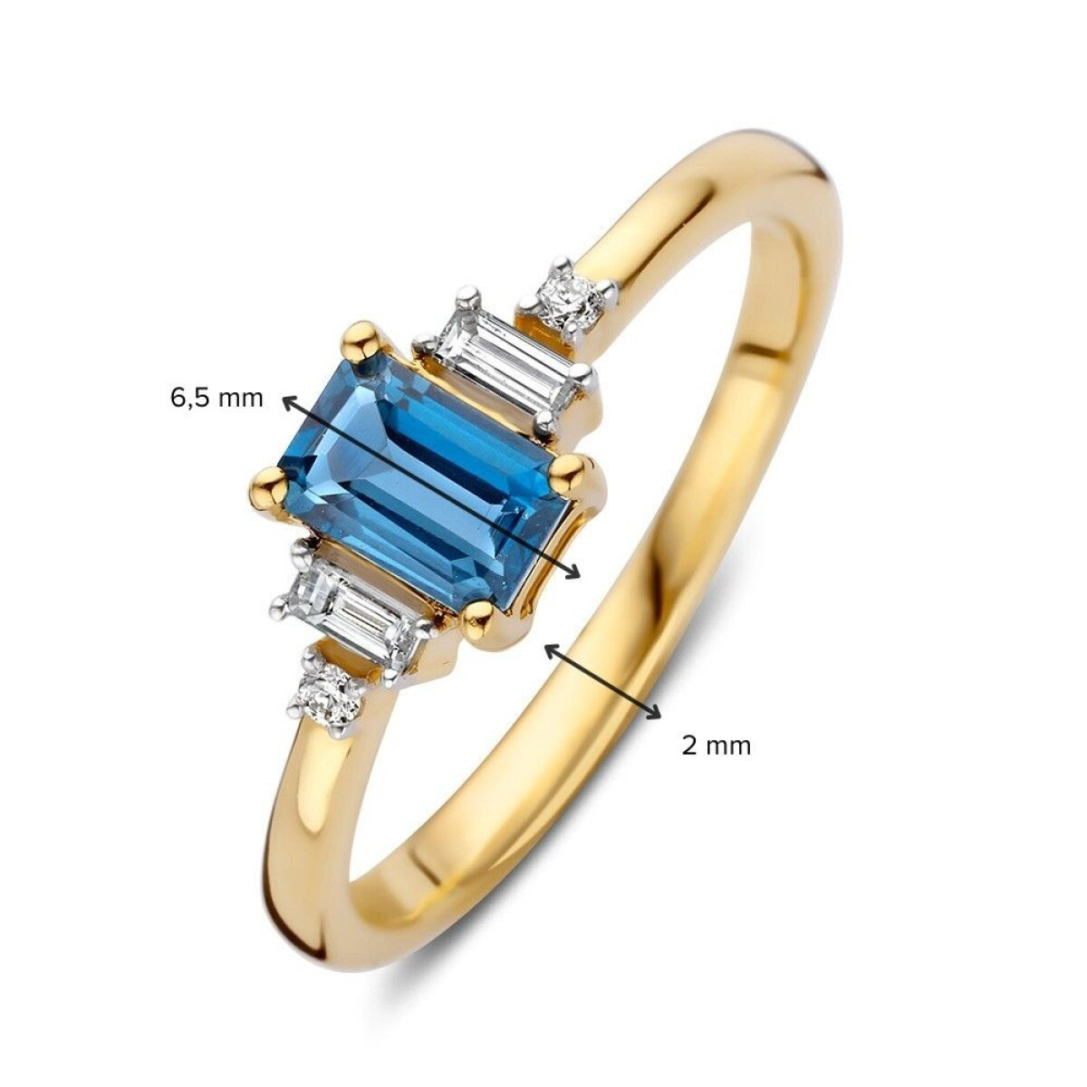 14-karaat gouden ring met London blue topaas 0.60 crt diamant 0.11 crt 6.5 mm breed