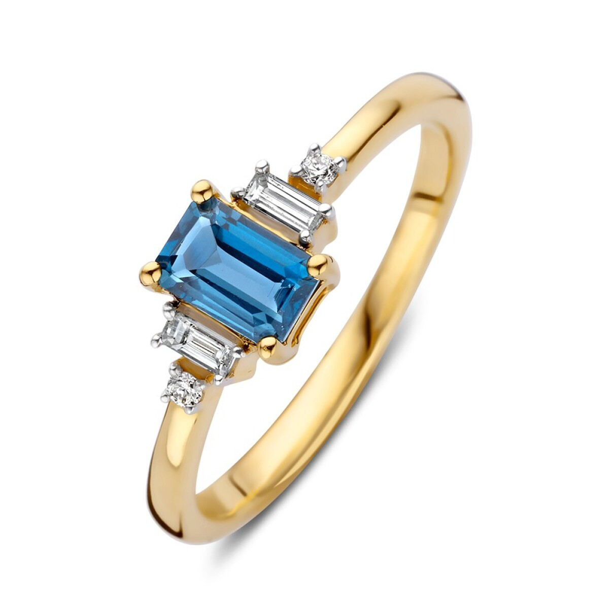 14-karaat gouden ring met London blue topaas 0.60 crt diamant 0.11 crt 6.5 mm breed