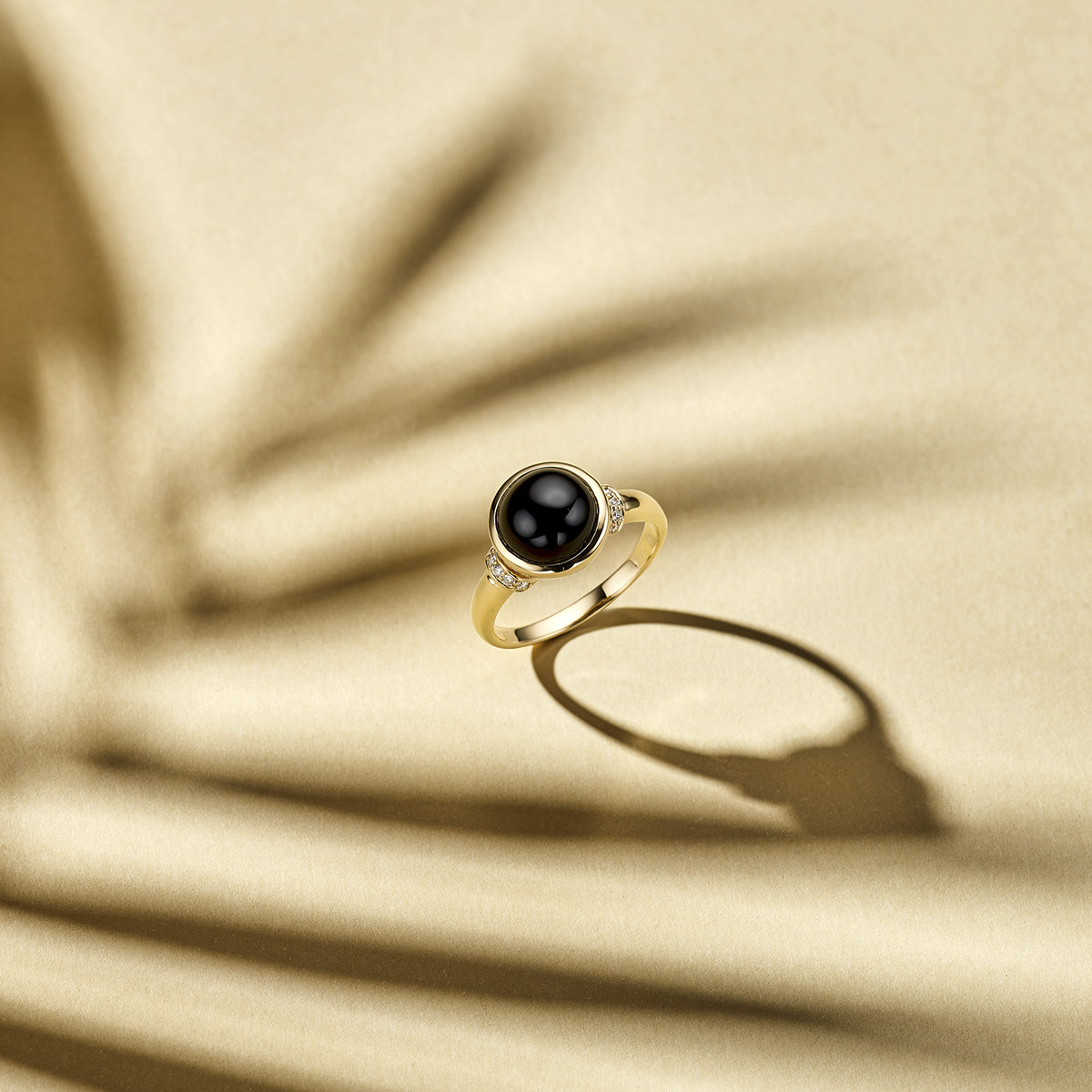 14-karaat gouden ring met onyx en diamanten 0.08 crt