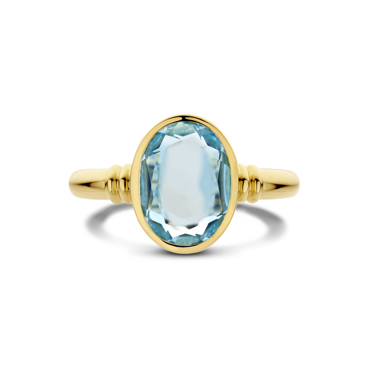 14-karaat gouden ring met ovale blauwe topaas 12 mm breed