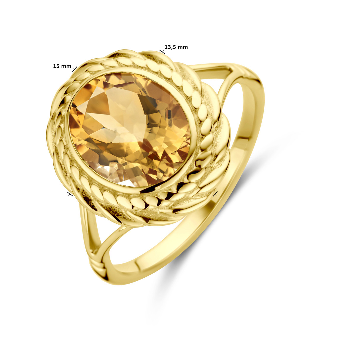 14-karaat gouden ring met ovale citrien en bewerkte rand 15 mm breed