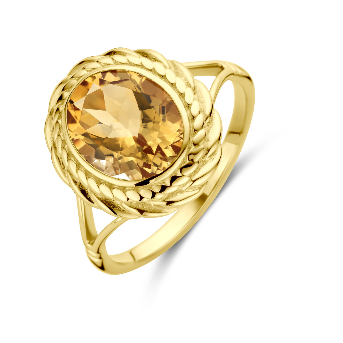 14-karaat gouden ring met ovale citrien en bewerkte rand 15 mm breed