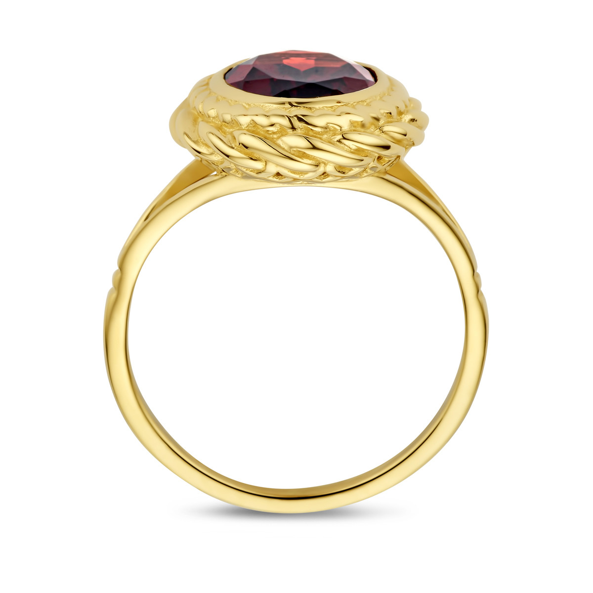 14-karaat gouden ring met ovale granaat en gevlochten rand 15 mm breed