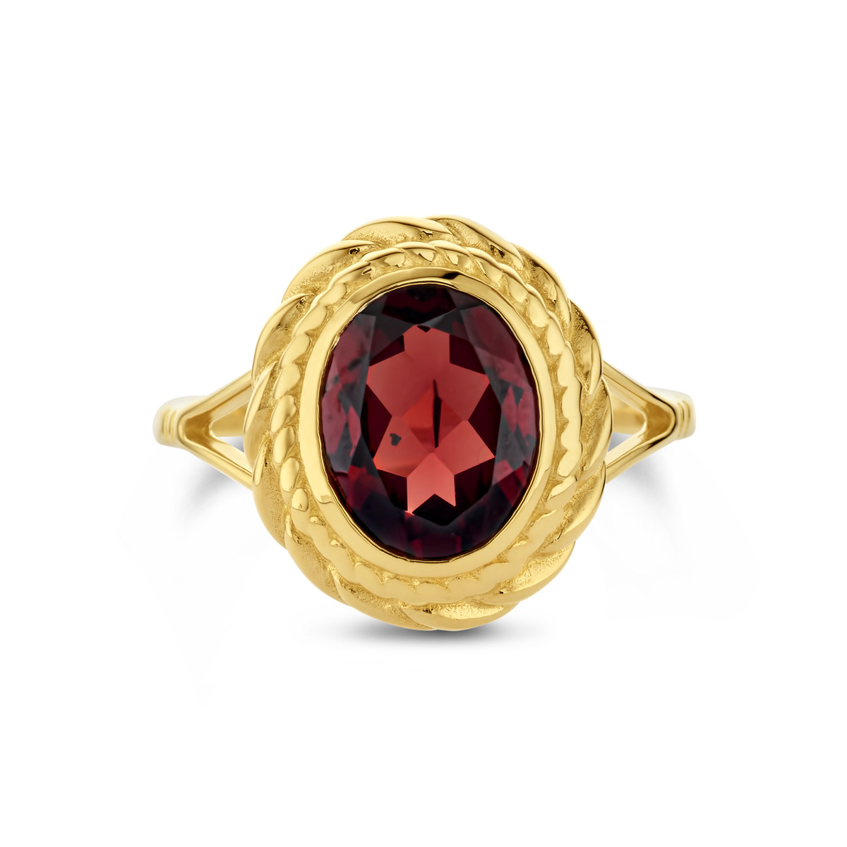 14-karaat gouden ring met ovale granaat en gevlochten rand 15 mm breed