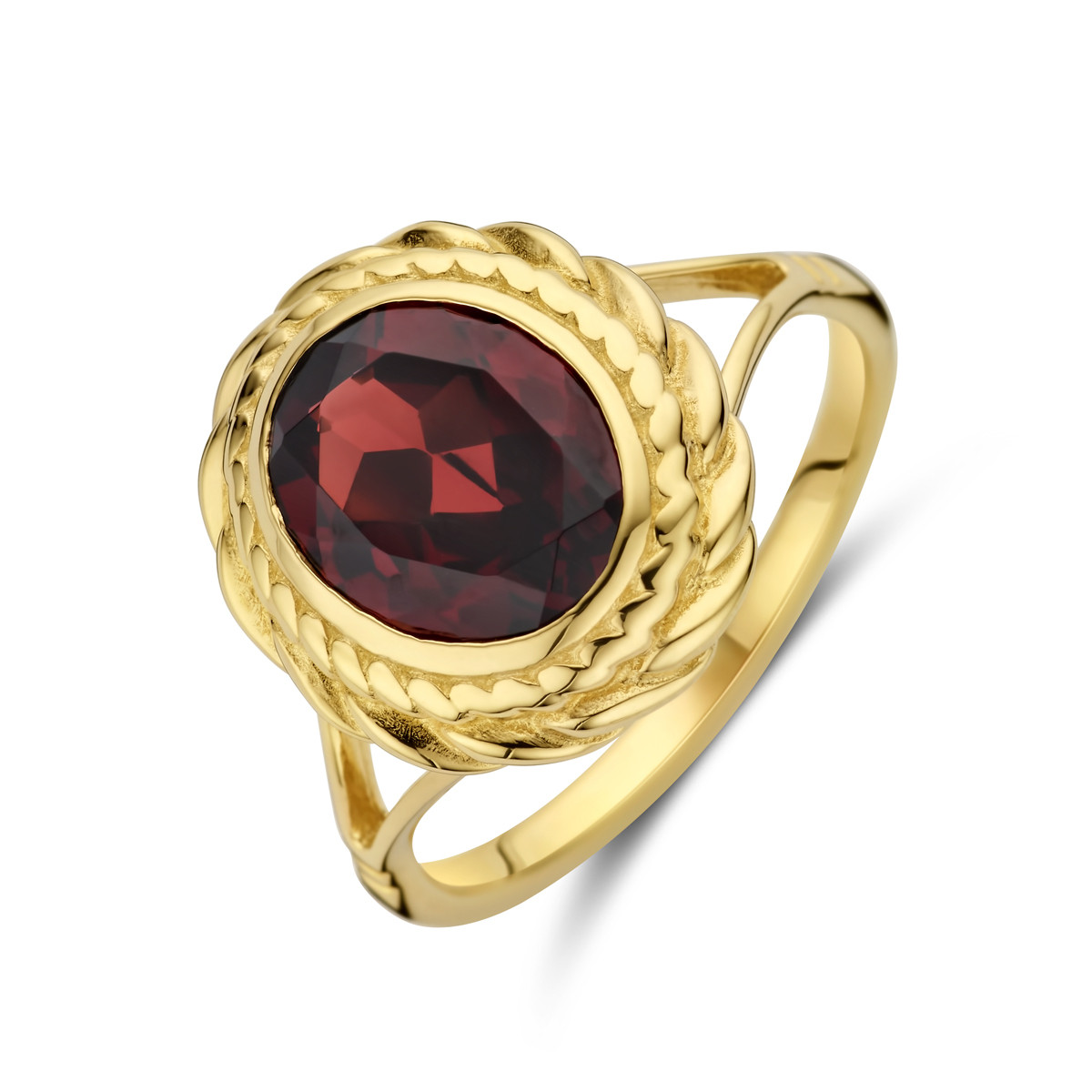 14-karaat gouden ring met ovale granaat en gevlochten rand 15 mm breed