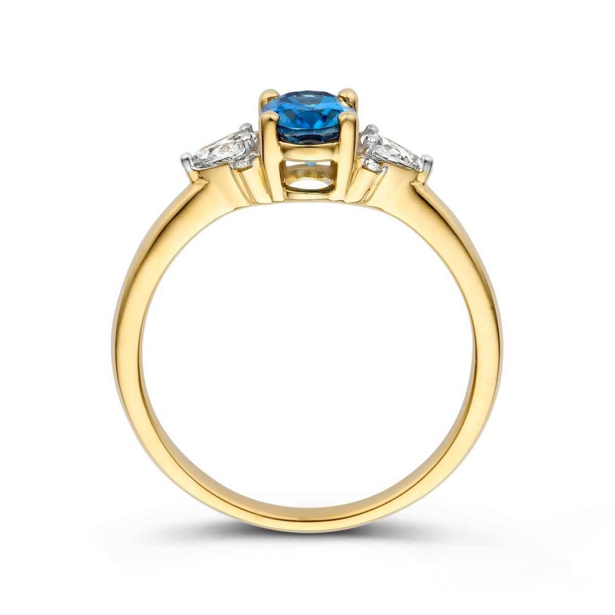 14-karaat gouden ring met ovale London blue topaas 0.9 crt en diamant 0.24 crt 6.6 mm breed
