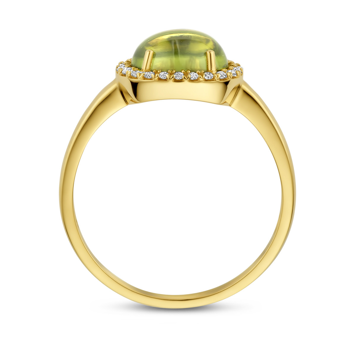 14-karaat gouden ring met peridoot en 0.09 crt diamant 10.5 mm breed