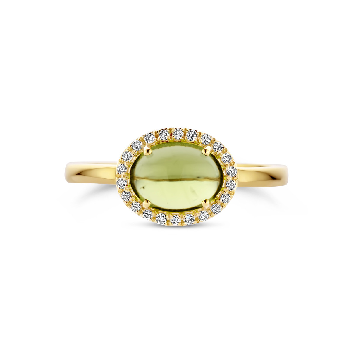 14-karaat gouden ring met peridoot en 0.09 crt diamant 10.5 mm breed