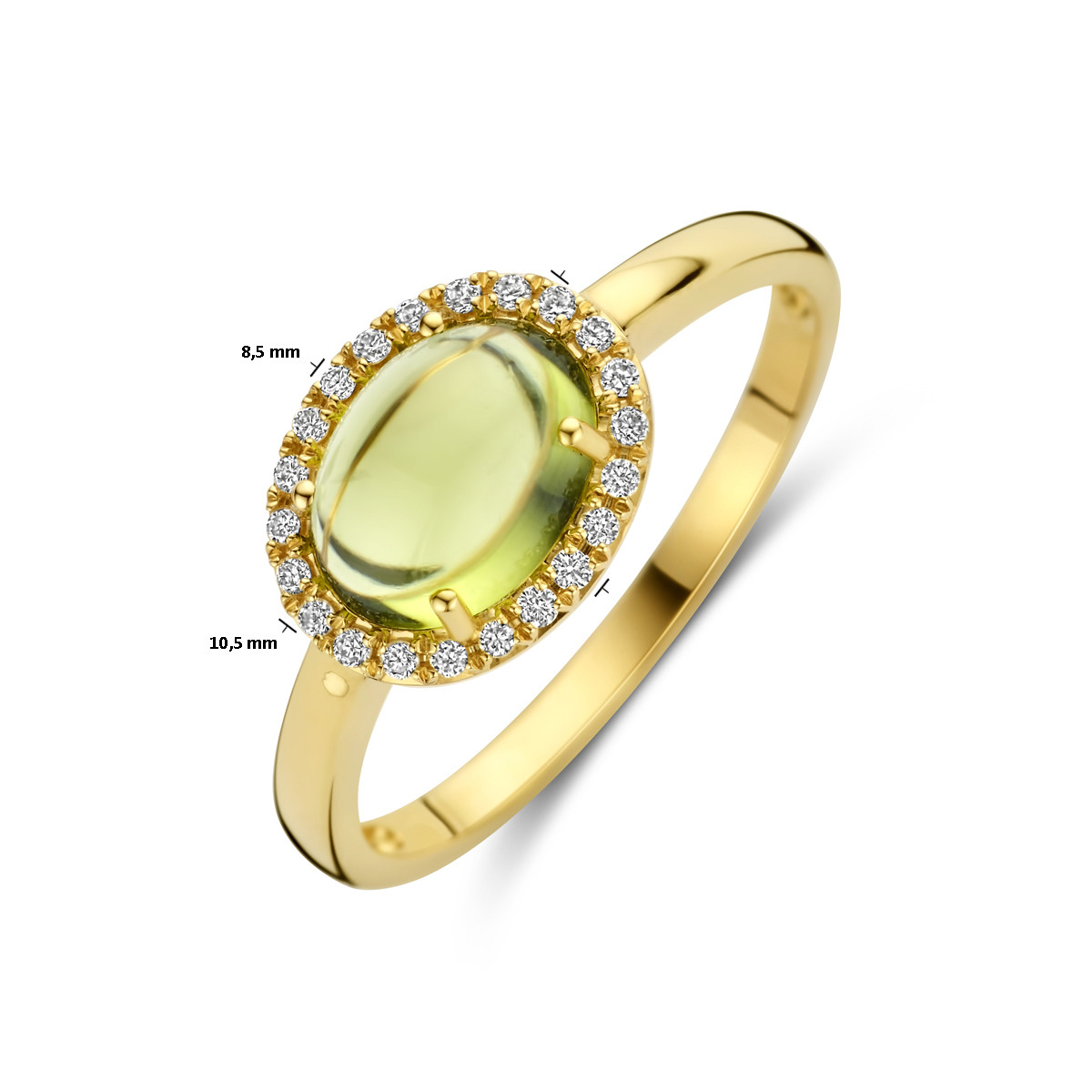 14-karaat gouden ring met peridoot en 0.09 crt diamant 10.5 mm breed