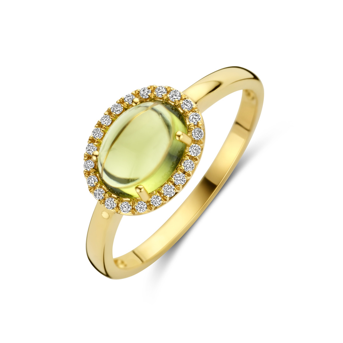 14-karaat gouden ring met peridoot en 0.09 crt diamant 10.5 mm breed