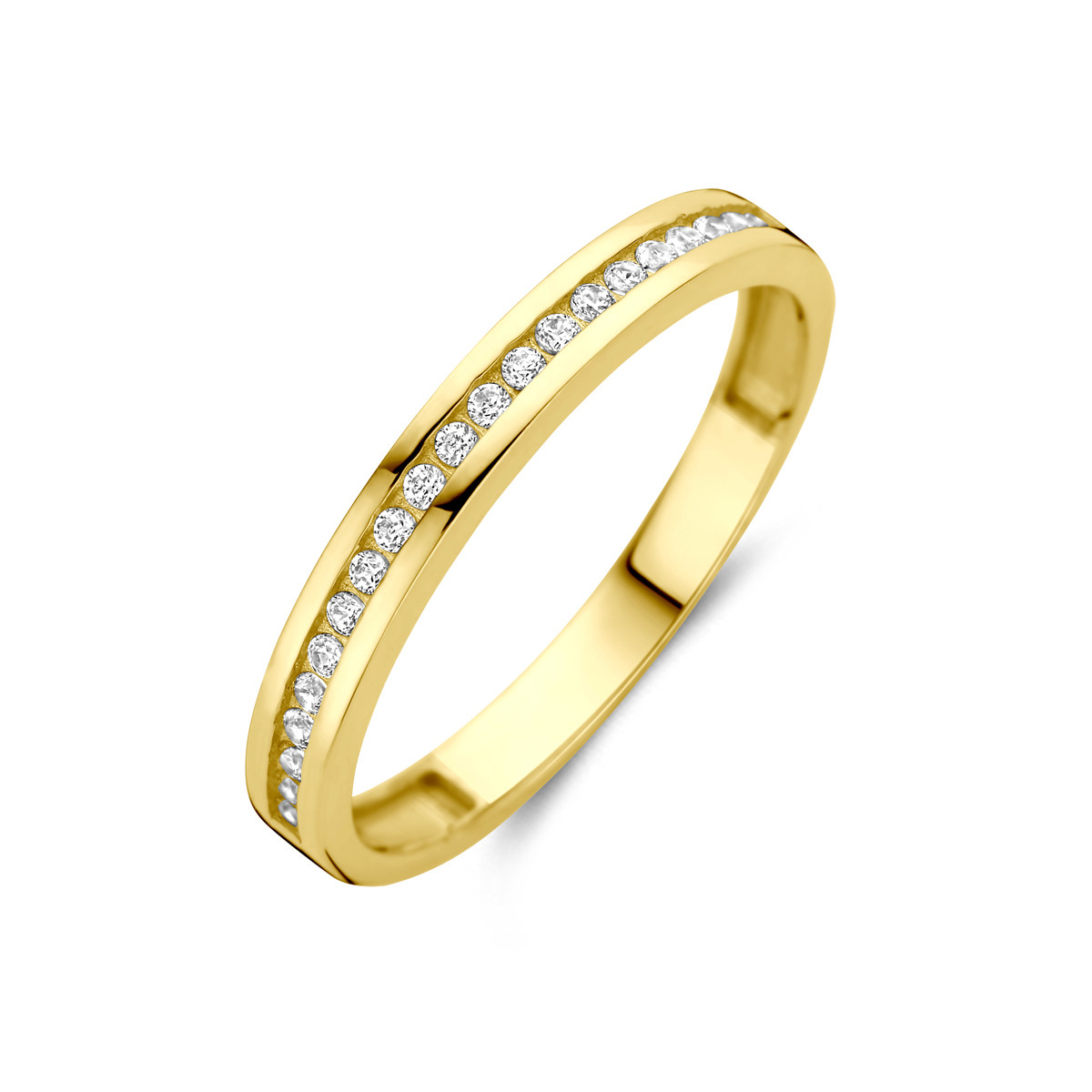 14-karaat gouden ring met rij zirkonia stenen in pavézetting 2.5 mm breed
