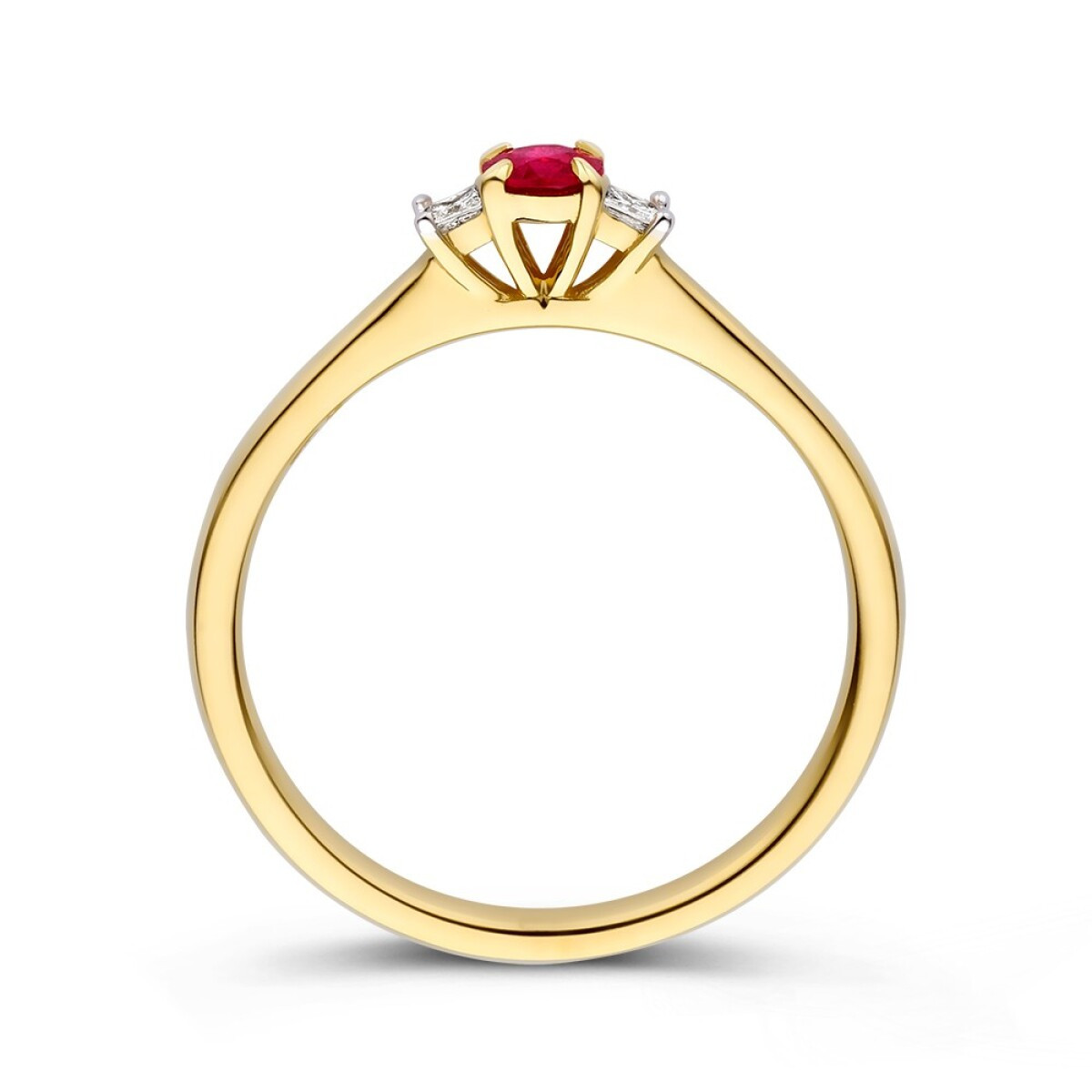 14-karaat gouden ring met rode robijn 0.20 crt en diamant 0.07 crt 3.2 mm breed