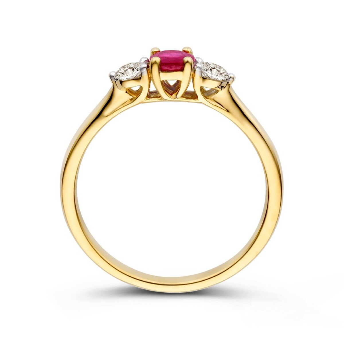 14-karaat gouden ring met rode robijn 0.35 crt en diamanten 0.20 crt 4.5 mm breed