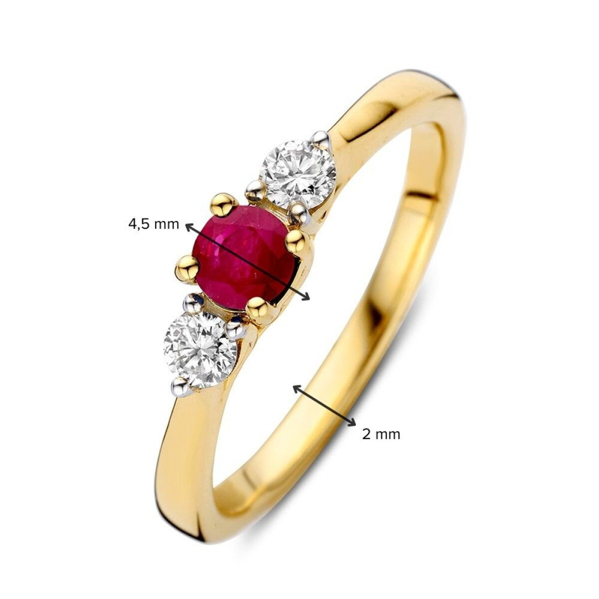 14-karaat gouden ring met rode robijn 0.35 crt en diamanten 0.20 crt 4.5 mm breed