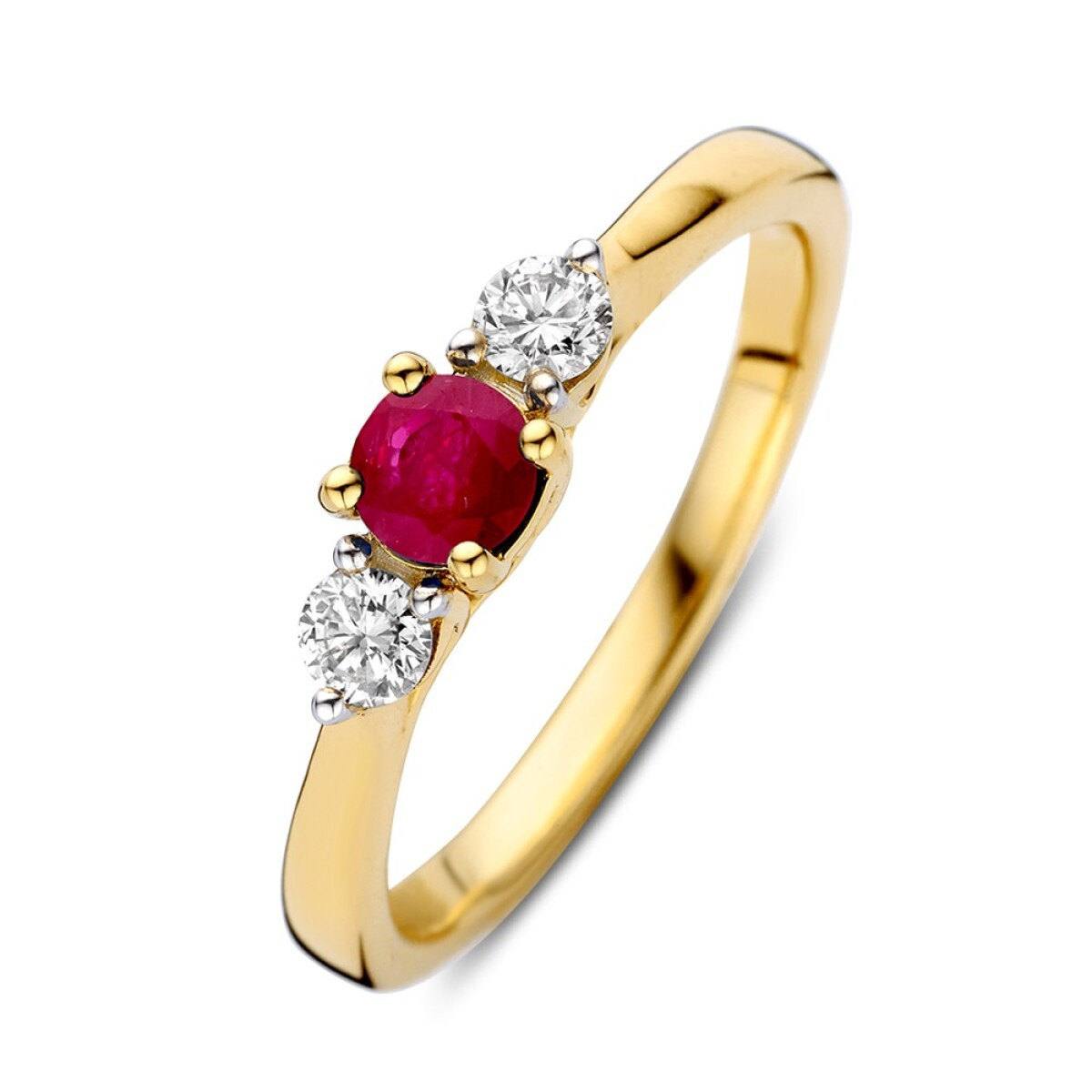 14-karaat gouden ring met rode robijn 0.35 crt en diamanten 0.20 crt 4.5 mm breed